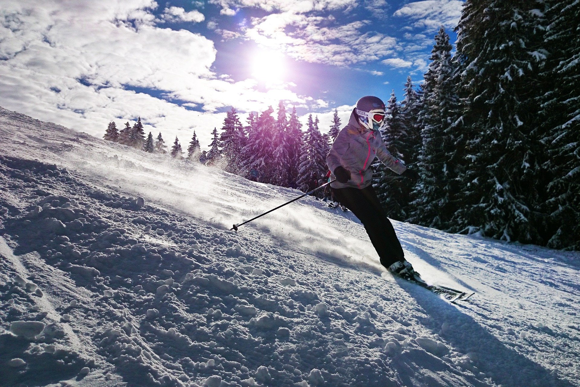Skifahren Sonne Wald Alpen Berge Bäume Himmel blau weiss
