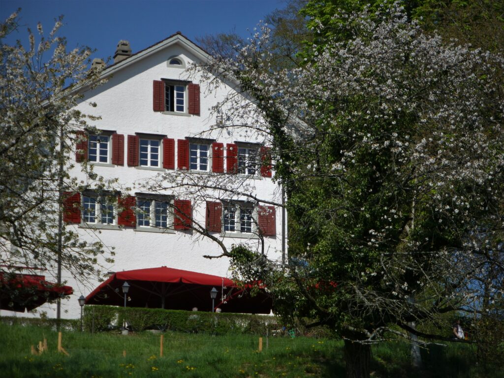 Gasthaus Schosshalde draussen Frühling Blumen Sonnig Haus weiss rot grün